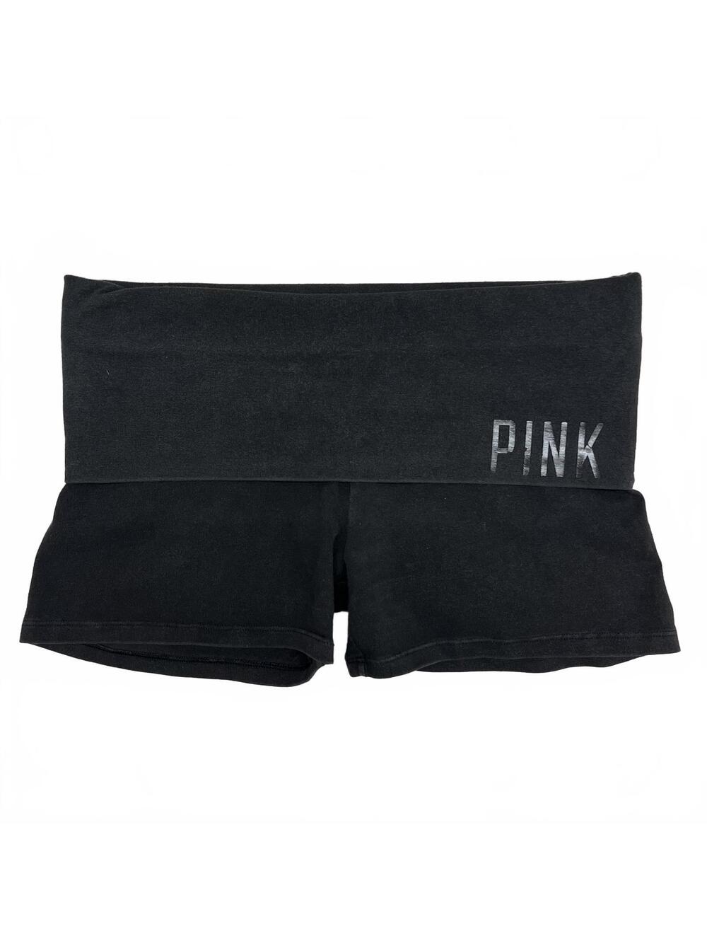 2013 VS PINK Sz XS Black Low Rise Foldover Mini Shorts Glossy Logo McBling Y2K